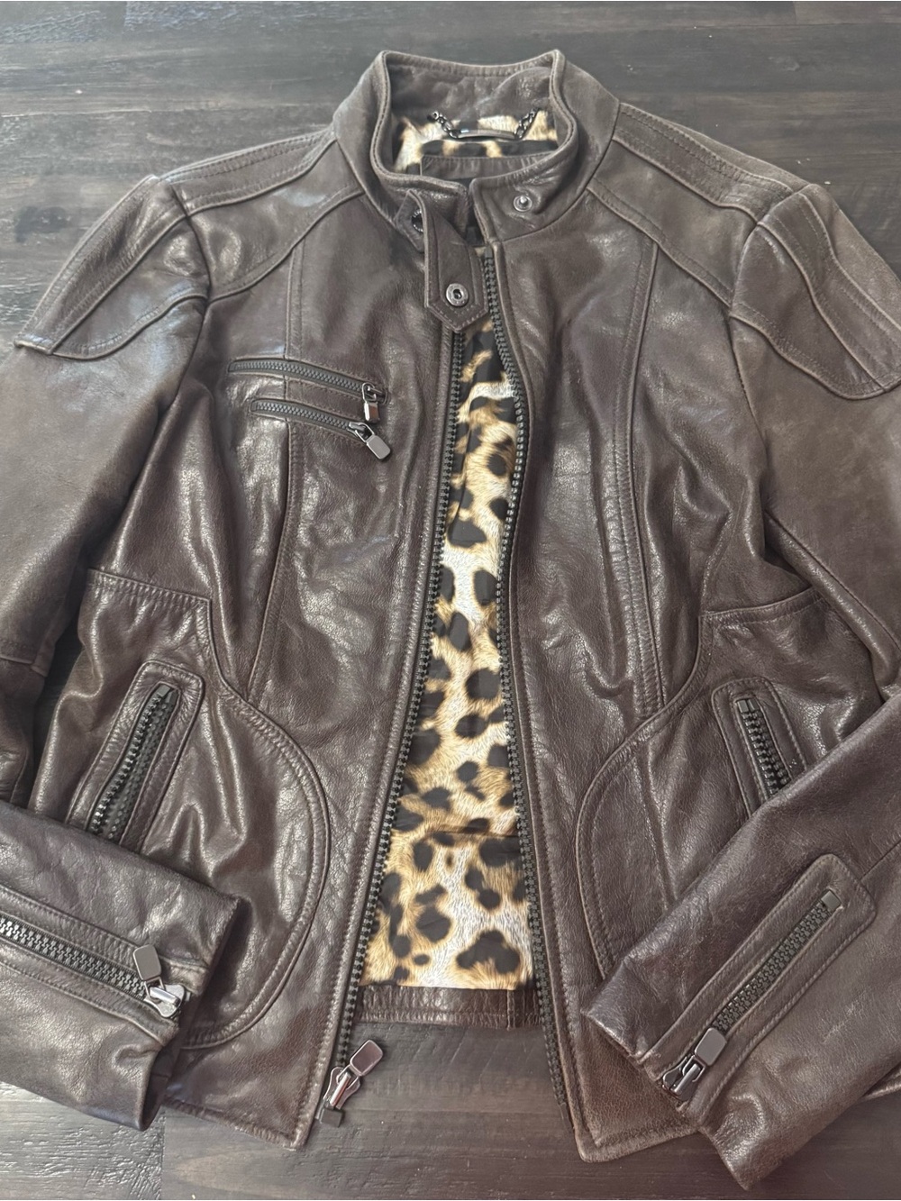 Laundry By Shelli Segal Chocolate Brown Real Leather Jacket with Leopard Lining
